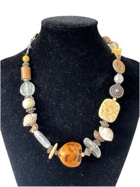 Treska Beaded Necklace Artisan Mixed Media Orange Silver Shell Faux Bone 16”-19”
